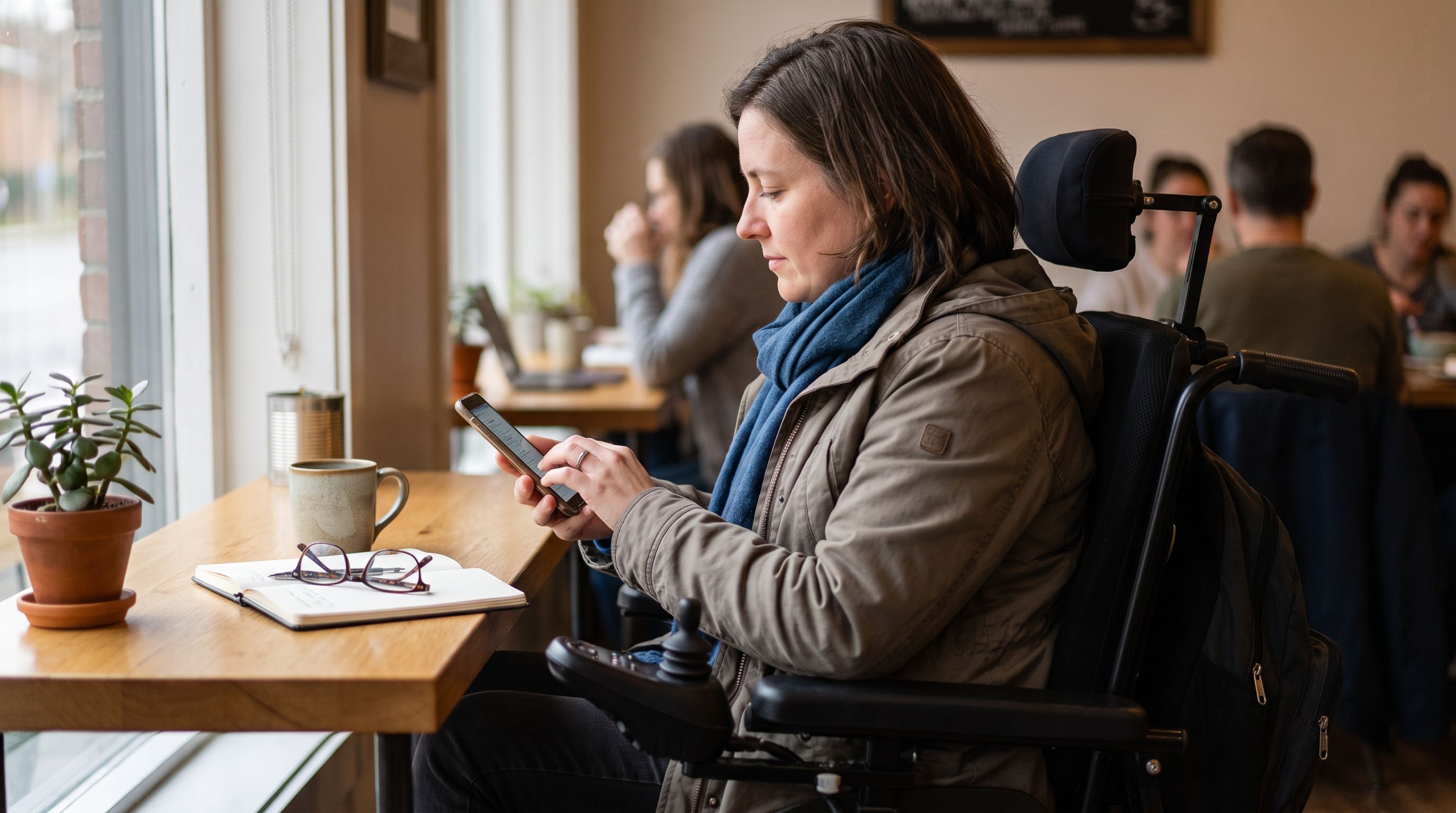 Rollstuhlnutzerin am Fenstertisch im kleinen Café, schreibt am Smartphone; Tasse, Notizbuch, Brille und Pflanze daneben, ruhig und konzentriert.
