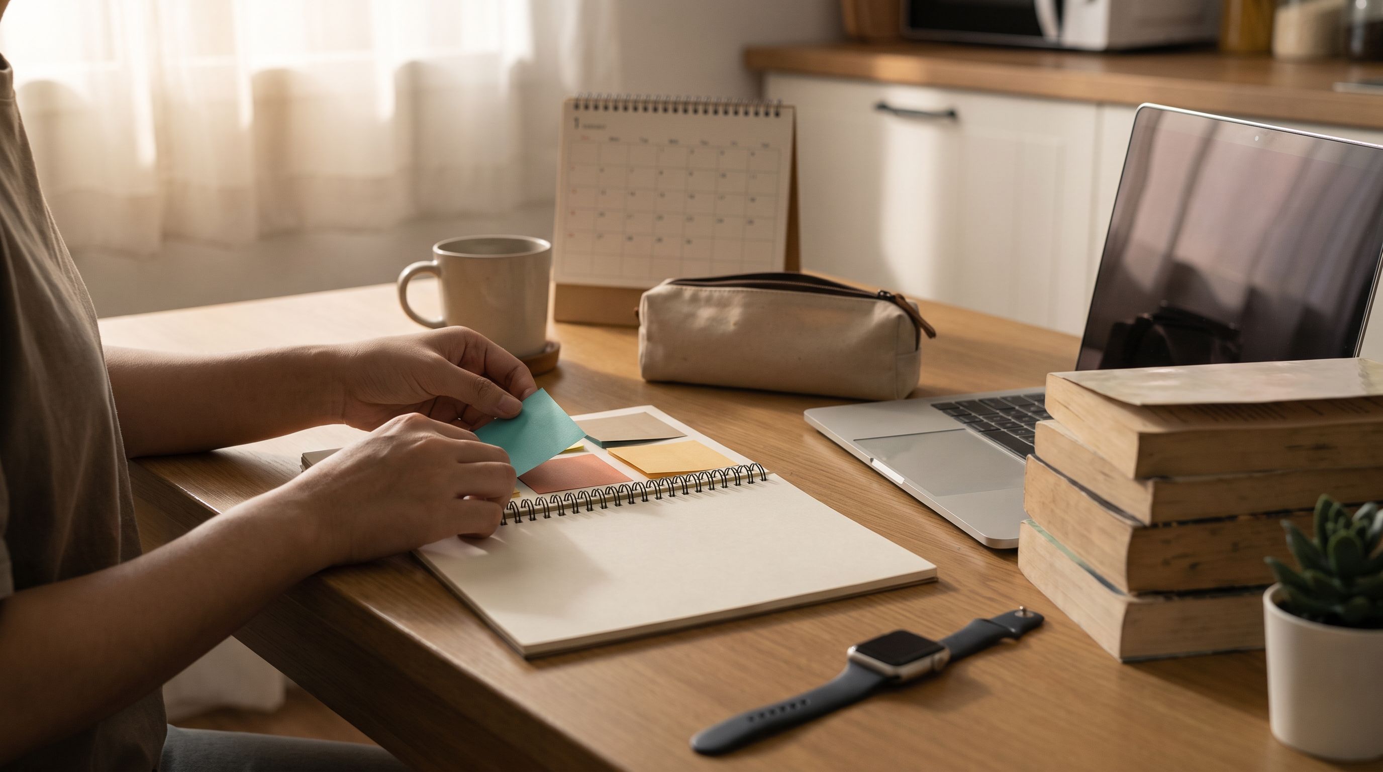 Person am aufgeräumten Küchentisch plant im Notizbuch den Lernplan; farbige Haftnotizen, Kalender, Tasse, Laptop, Bücher und Pflanze, ruhig und konzentriert.