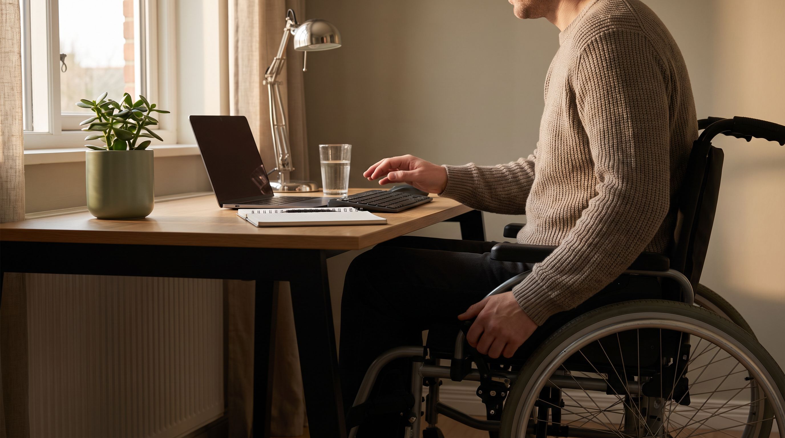 Person im Rollstuhl stellt einen Bürostuhl ein und prüft Laptop sowie Tastatur auf einem aufgeräumten Homeoffice-Schreibtisch; ruhige, konzentrierte Stimmung.