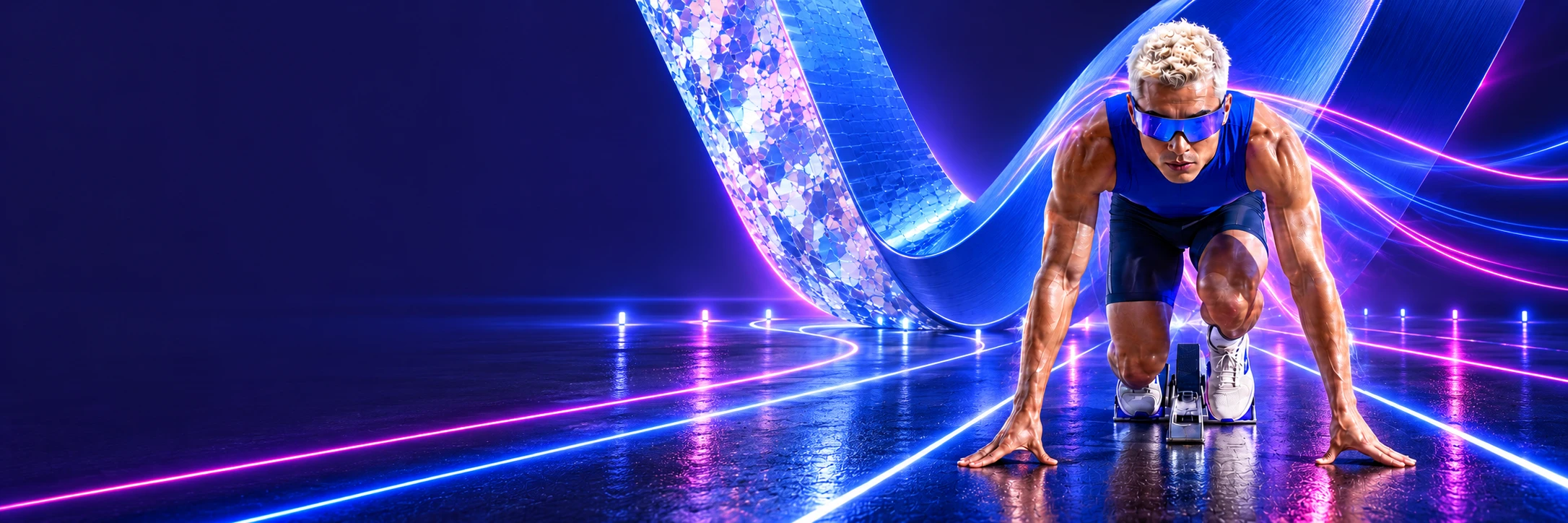 An athlete prepares to launch along a luminous blue and pink track.