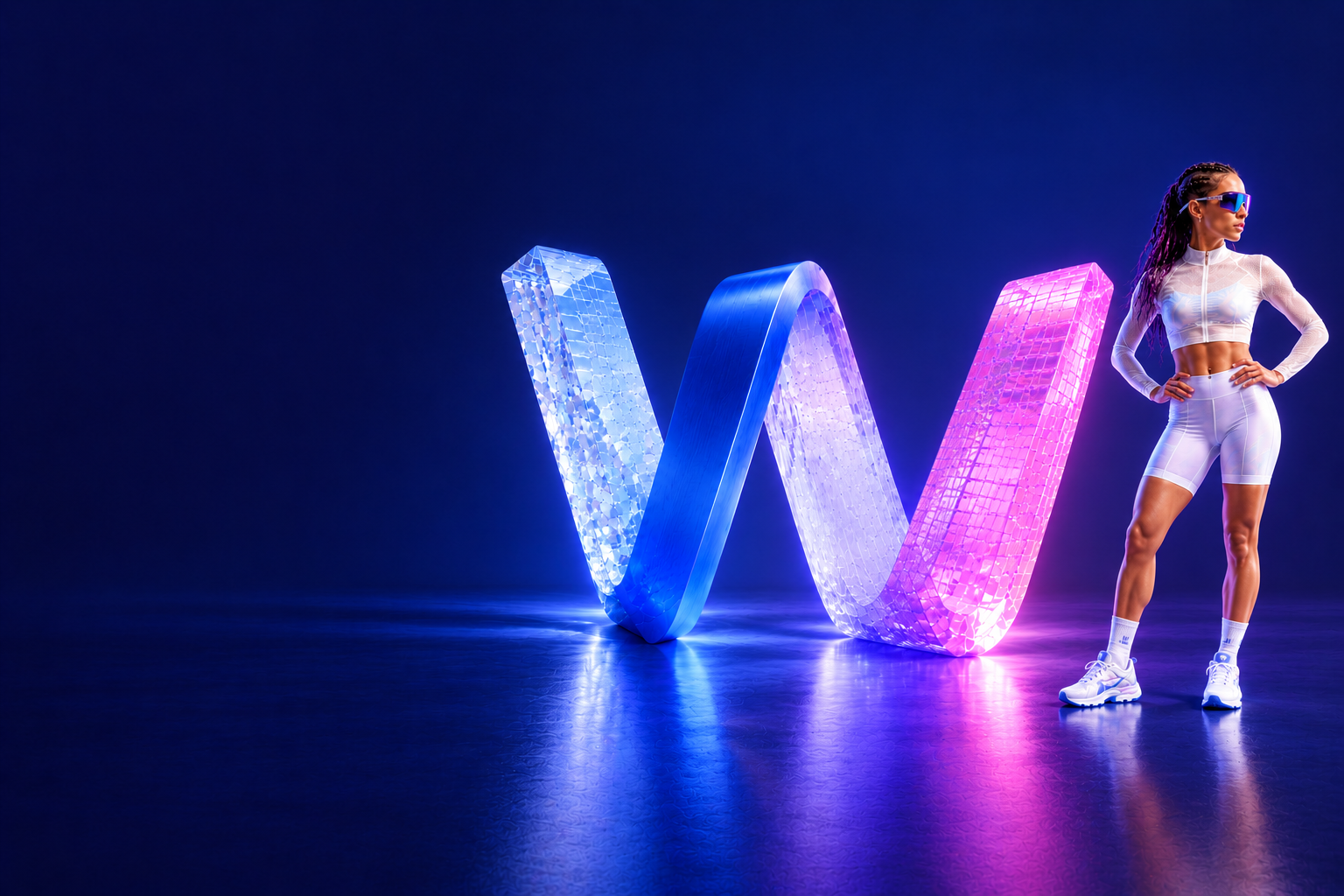 WIZIUM runner beside a crystalline W on a dark blue background