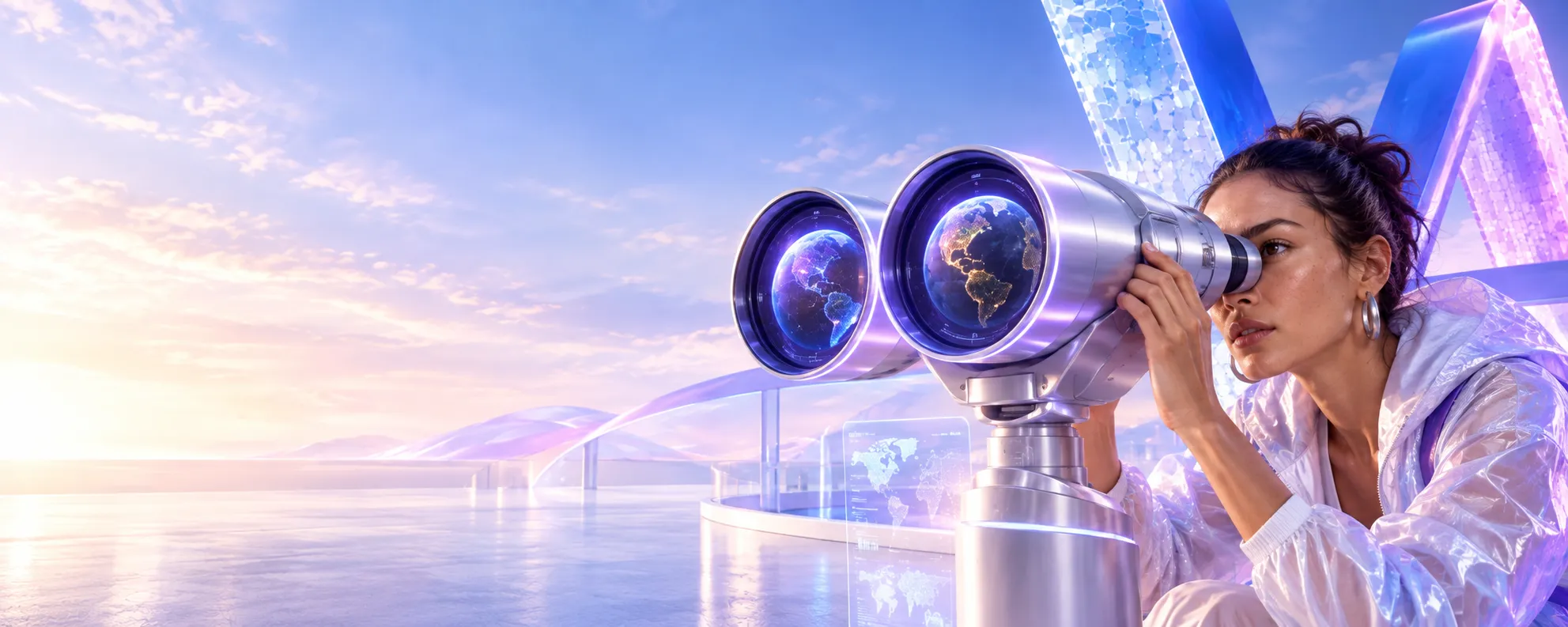 A woman exploring the horizon through illuminated globe lenses.