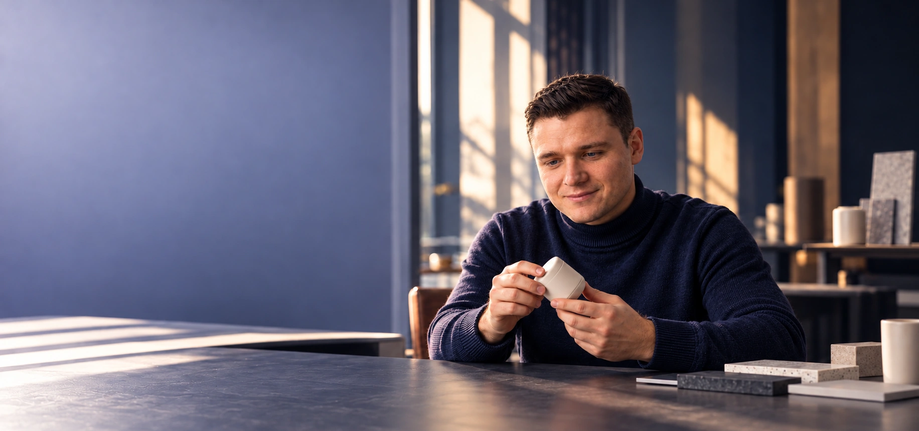 Yevhen Belenykhin examining a sample in morning light