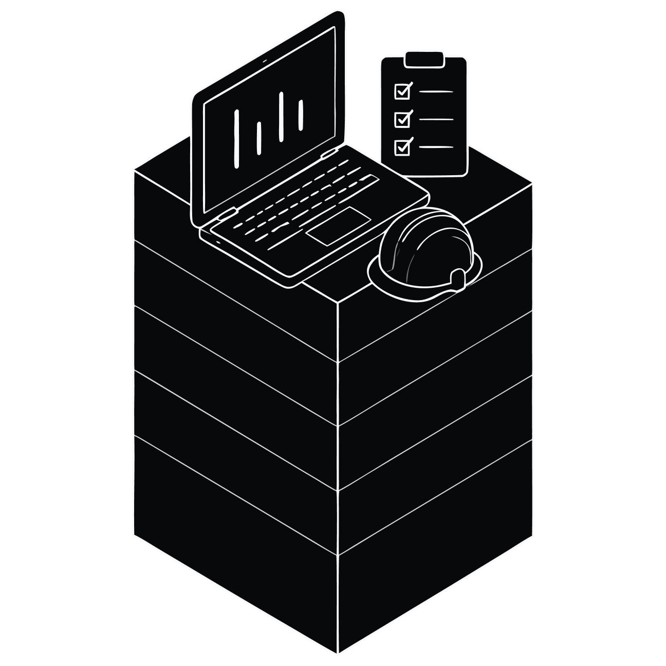Line drawing of a laptop, checklist and hard hat representing project management.
