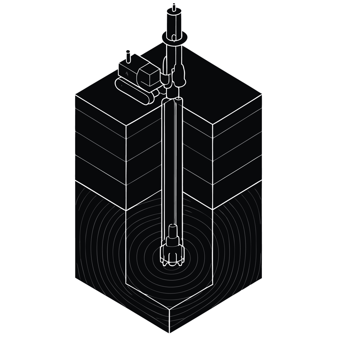 Line drawing of a tracked rig drilling a vertical borehole through ground layers.