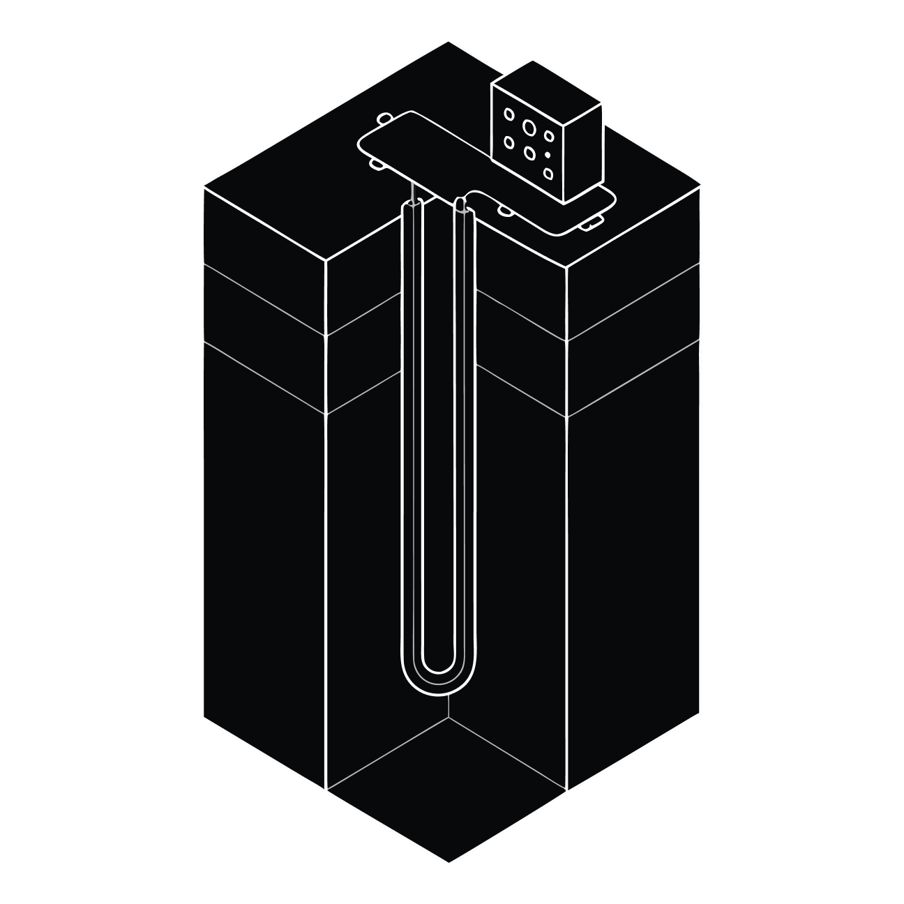 Line drawing of a vertical ground loop and thermal response testing unit.