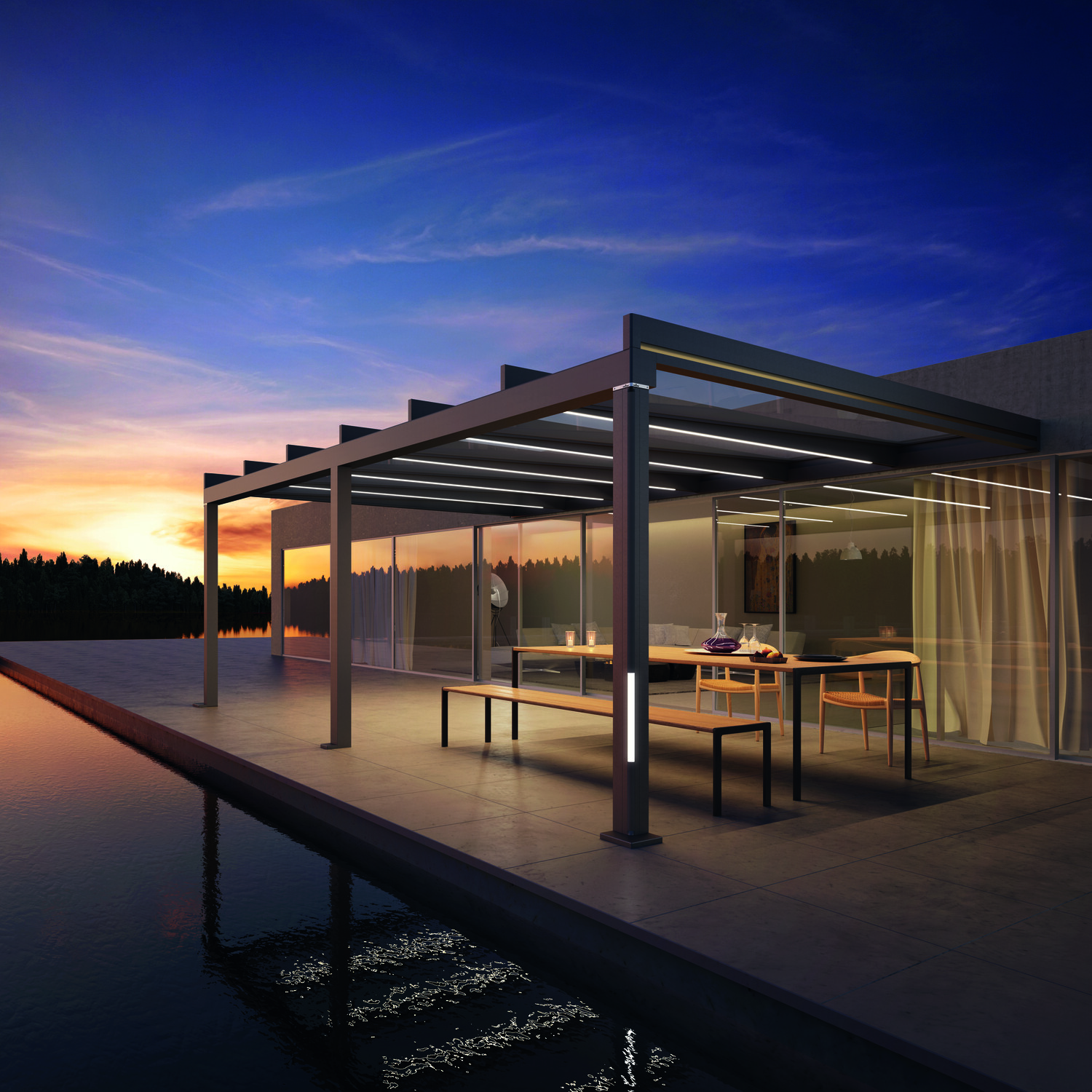 Modernes Terrassendach mit Poolblick bei Sonnenuntergang, minimalistische Architektur