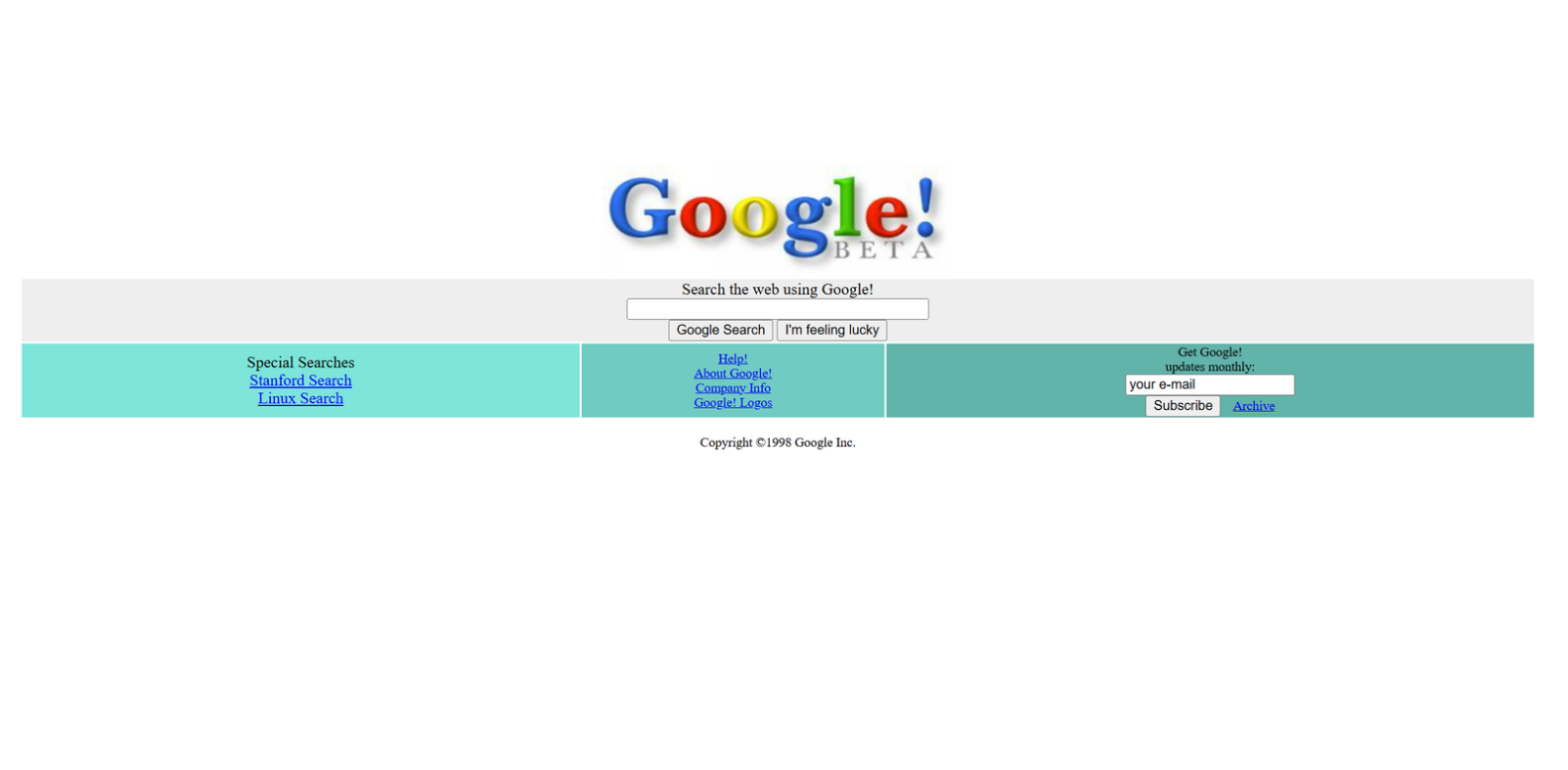 Archived screenshot of Google's simple homepage in 1998