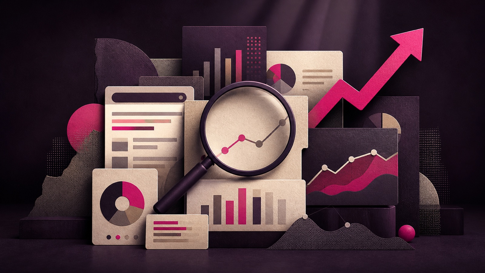 SEO statistics illustrated with charts, search data, and upward growth