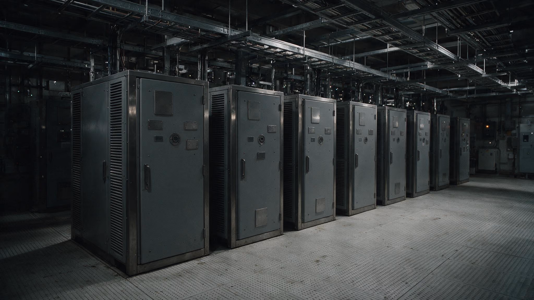 Row of tall metal industrial control cabinets in a dimly lit factory or plant room.