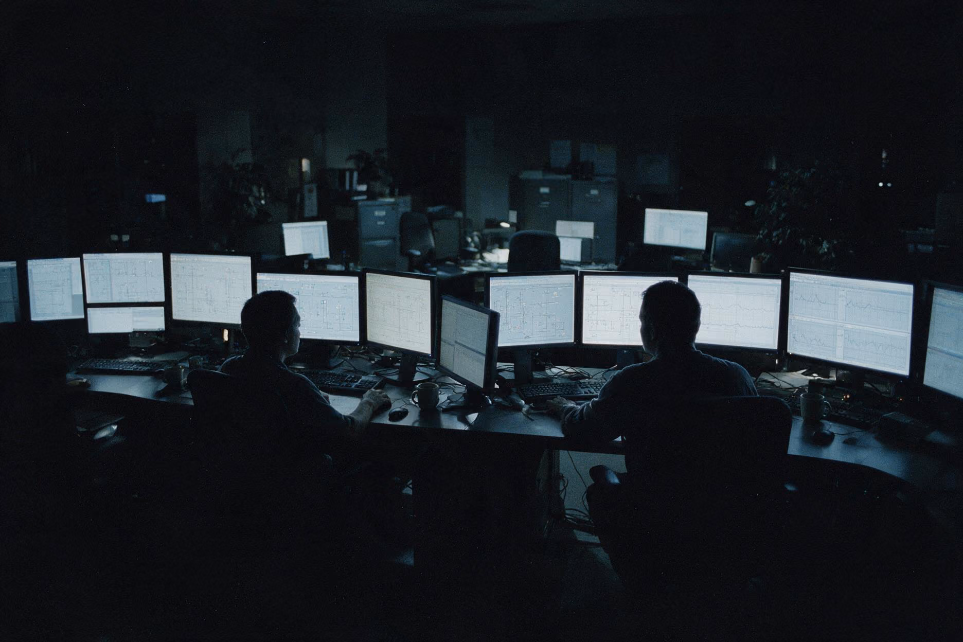 Two people working at a curving desk with multiple computer screens in a dark office.