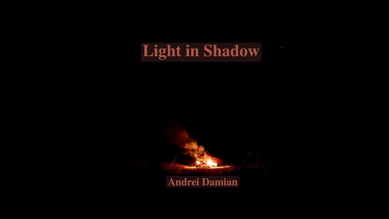 'Light in Shadow' title text above a small campfire burning in darkness with smoke rising, and 'Andrei Damjan' text below.