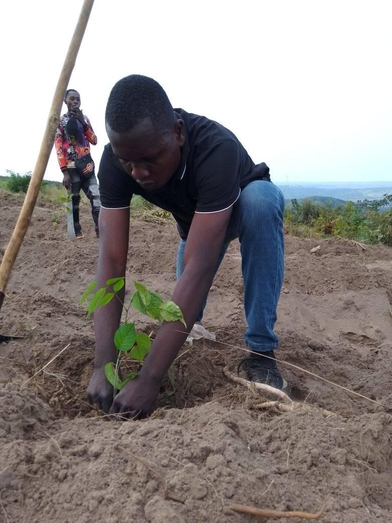 Dieudonné Kayaka is bezig met planten