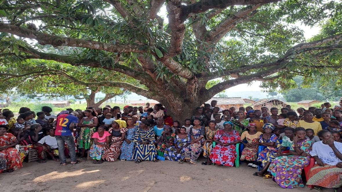 Une foule nombreuse, en majorité des femmes, assise à l’ombre d’un très grand arbre pour une séance de formation.