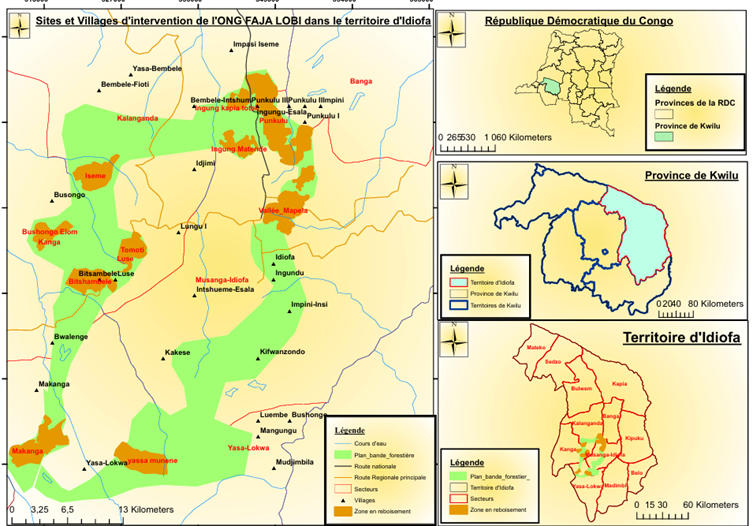 Carte du territoire d’Idiofa montrant les zones reboisées et à reboiser, avec leur situation en RDC et dans la province du Kwilu.