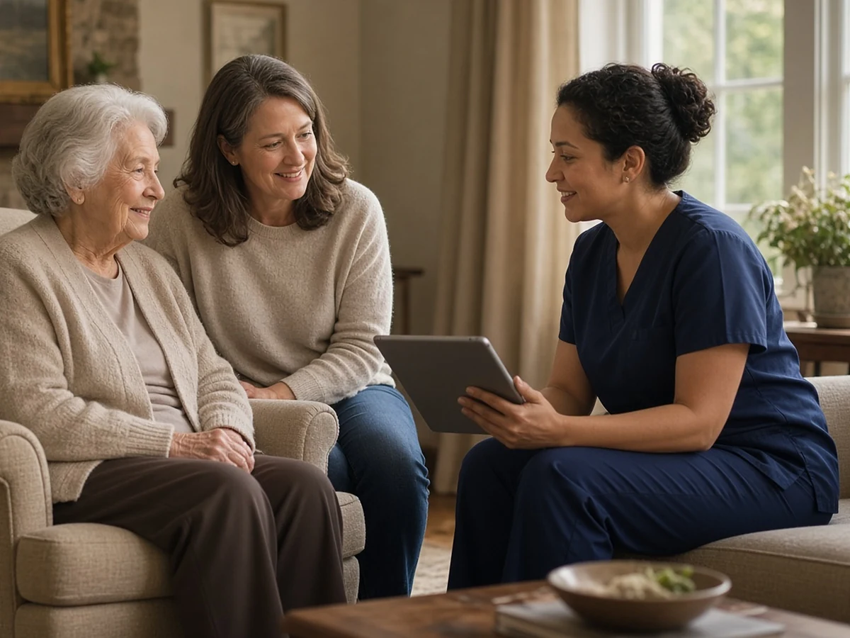 A visiting nurse reviews a care plan on a tablet with an older woman and her adult daughter in their living room