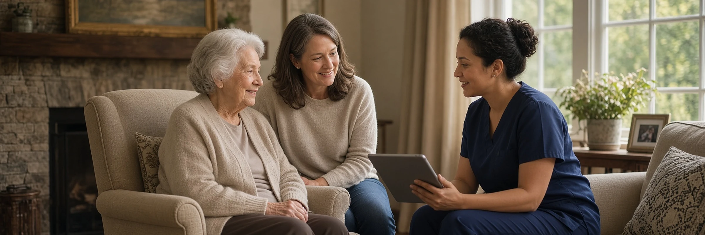 A visiting nurse reviews a care plan on a tablet with an older woman and her adult daughter in their living room
