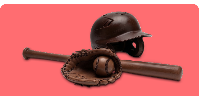 Baseball bat, glove, and helmet made out of chocolate.