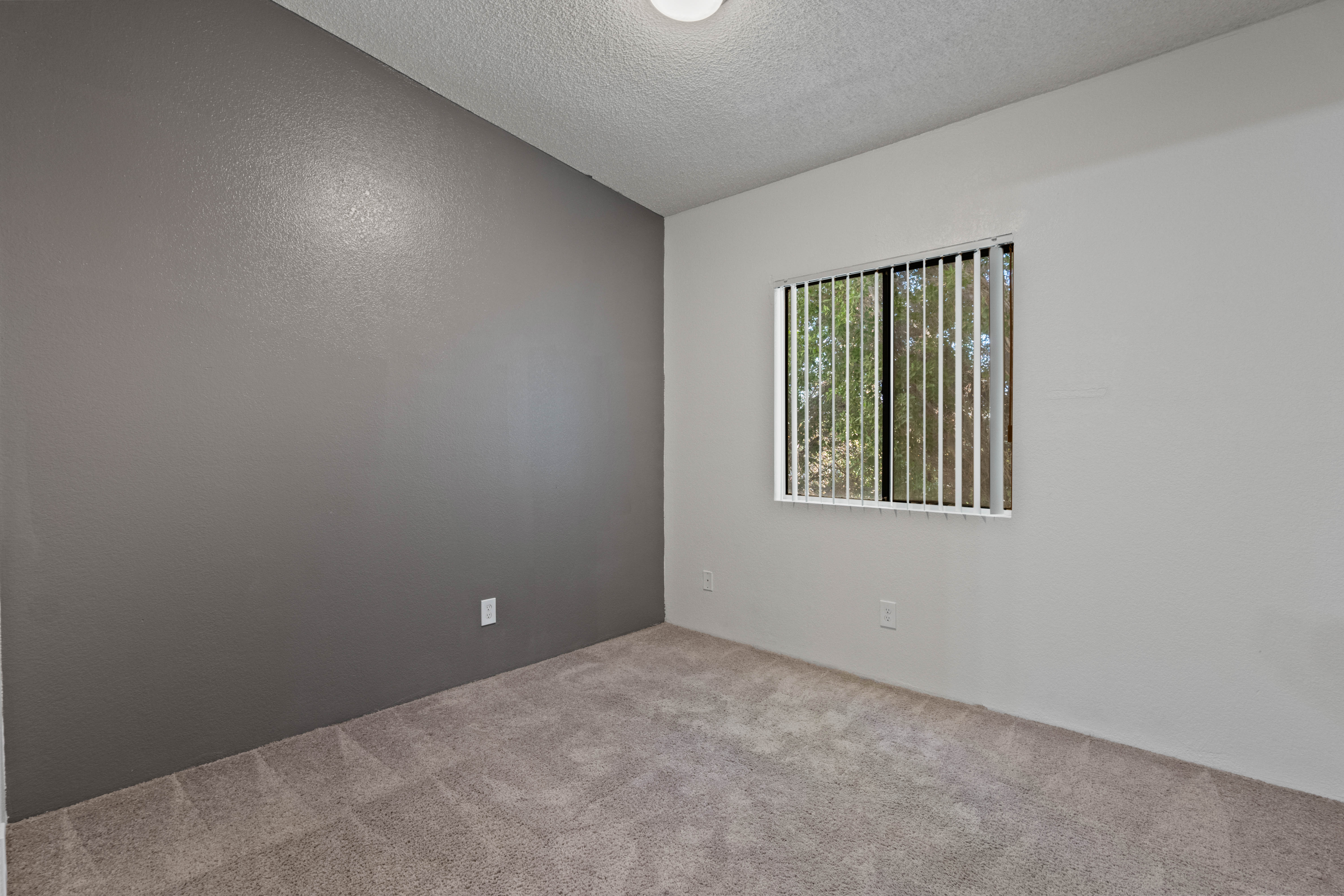 Bedroom with dark gray accent wall