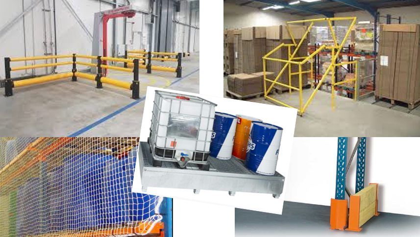Accessoires de rayonnage industriel : plateaux, caillebotis, sabots de protection et filets