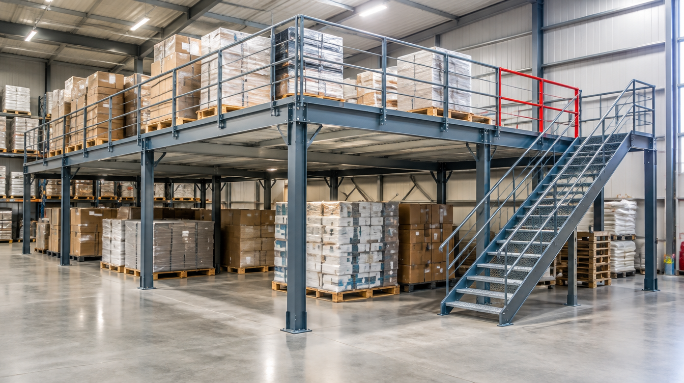 Mezzanine industrielle en acier avec garde-corps et escalier d'accès