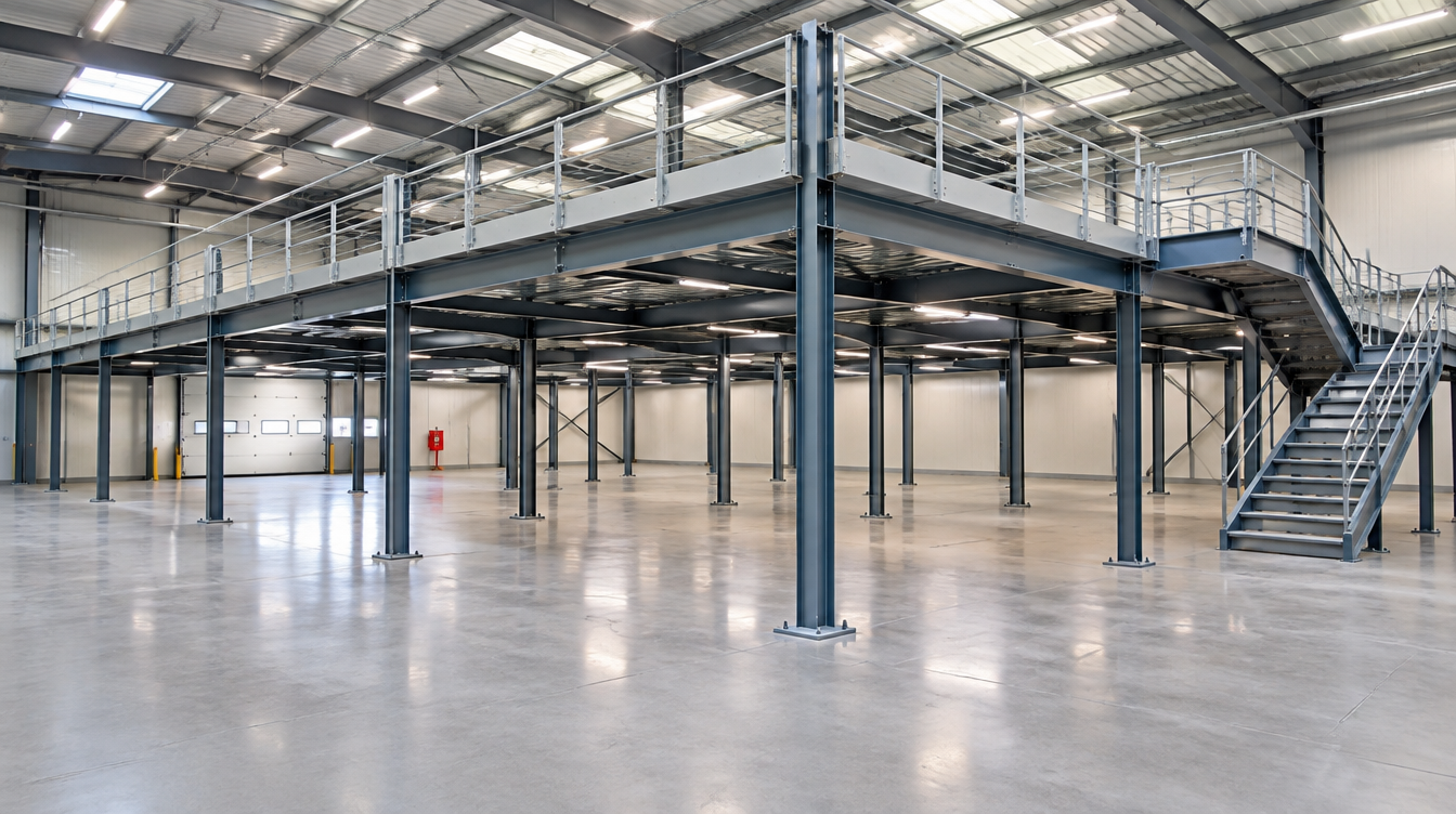 Vue large d'une plateforme de stockage industrielle sur trame de poteaux