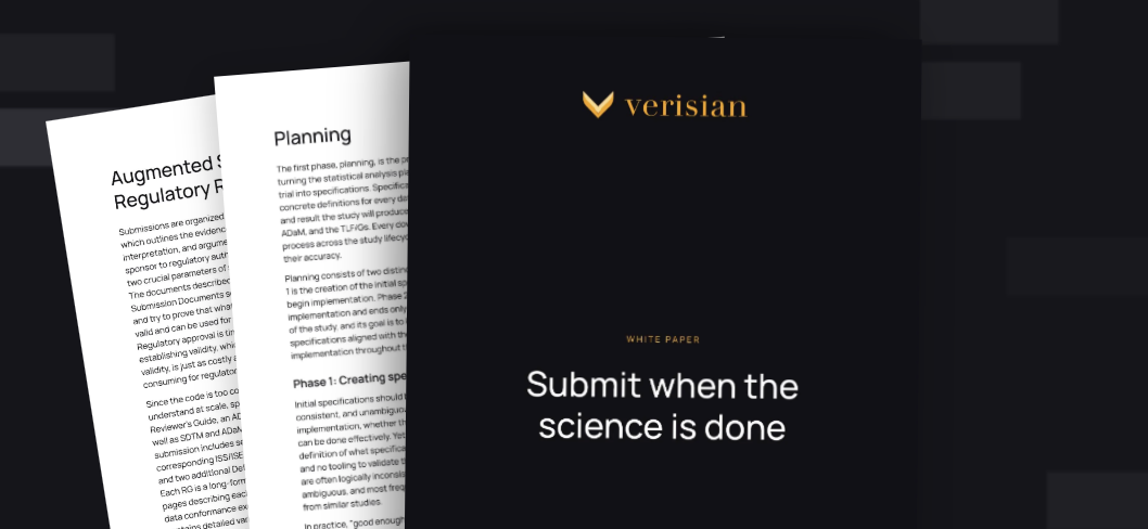 Three overlapping document pages with the rightmost page showing a cover titled 'Submit when the science is done,' labeled as a white paper by Verisian.