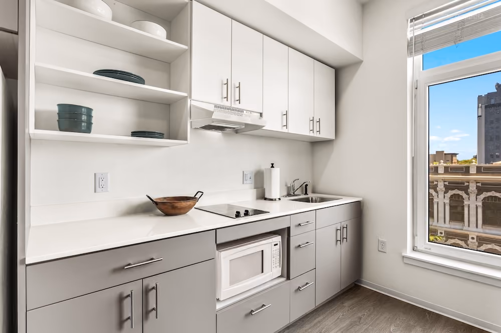Modern kitchenette with open shelving at Koz on State in Salem, Oregon