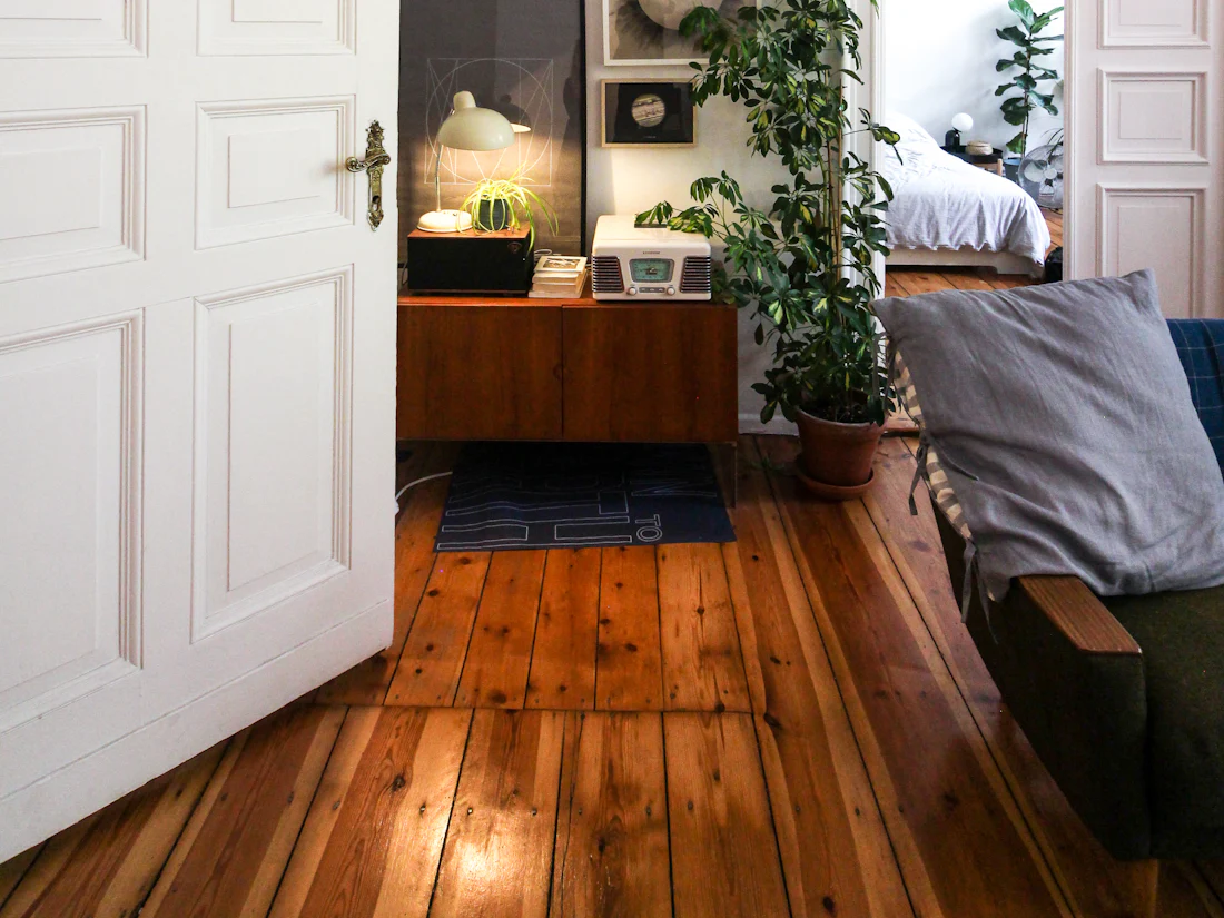 Porte ouverte sur un appartement au parquet ancien, avec plantes vertes