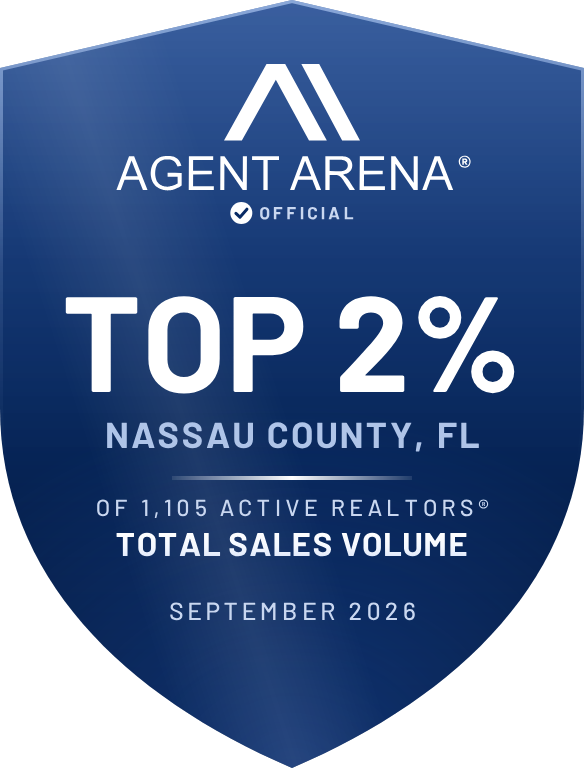 Agent Arena official badge: Top 2% of 1,105 active Realtors in Nassau County, FL, by total sales volume, September 2026.