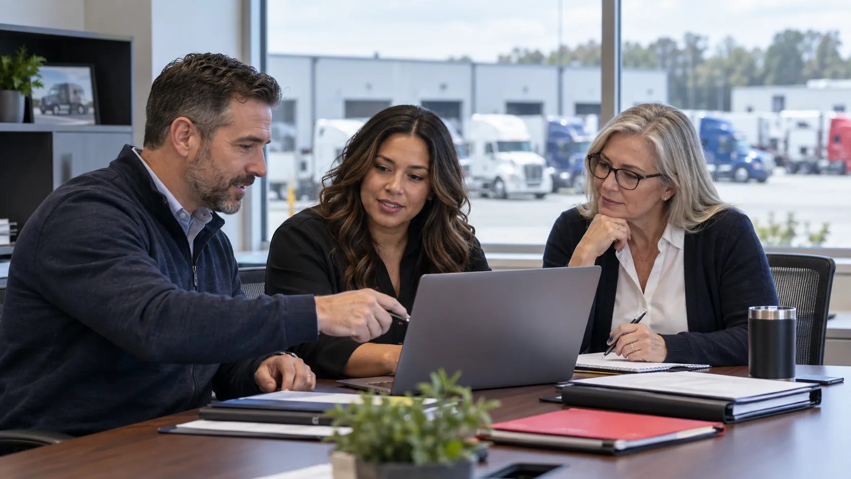 Three colleagues review a laptop and program documents in an office overlooking a commercial truck yard.