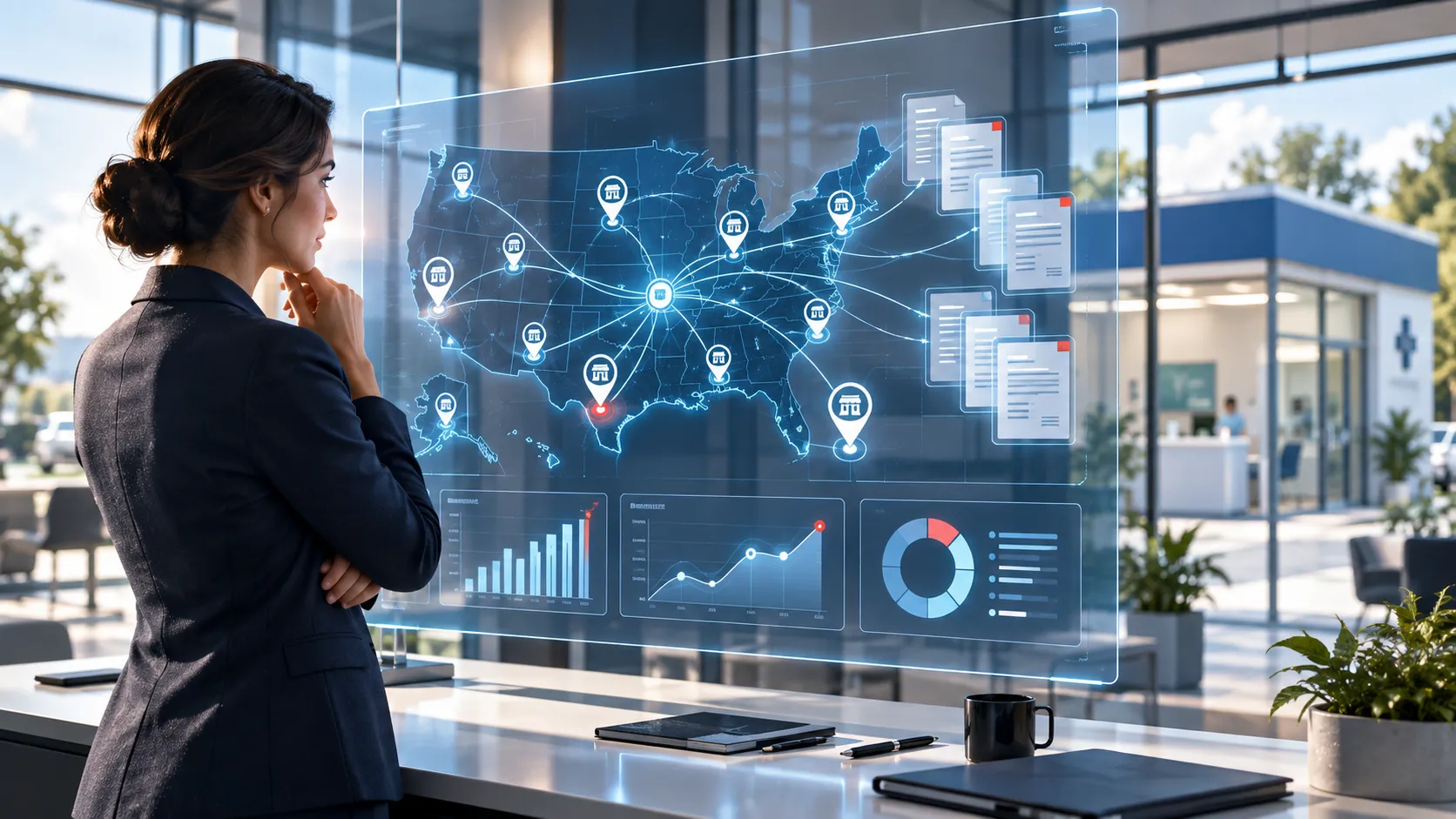 Conceptual future testing network with a specialist reviewing connected collection sites, digital documents, and reporting on a transparent display.