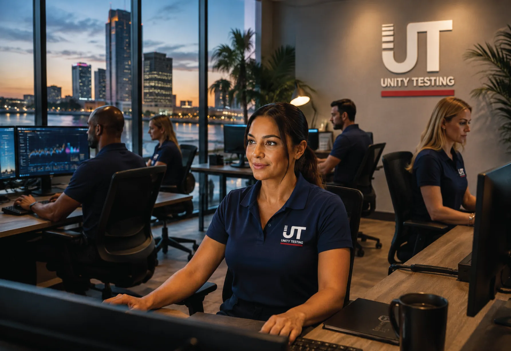 Customer support representative wearing a headset at a computer