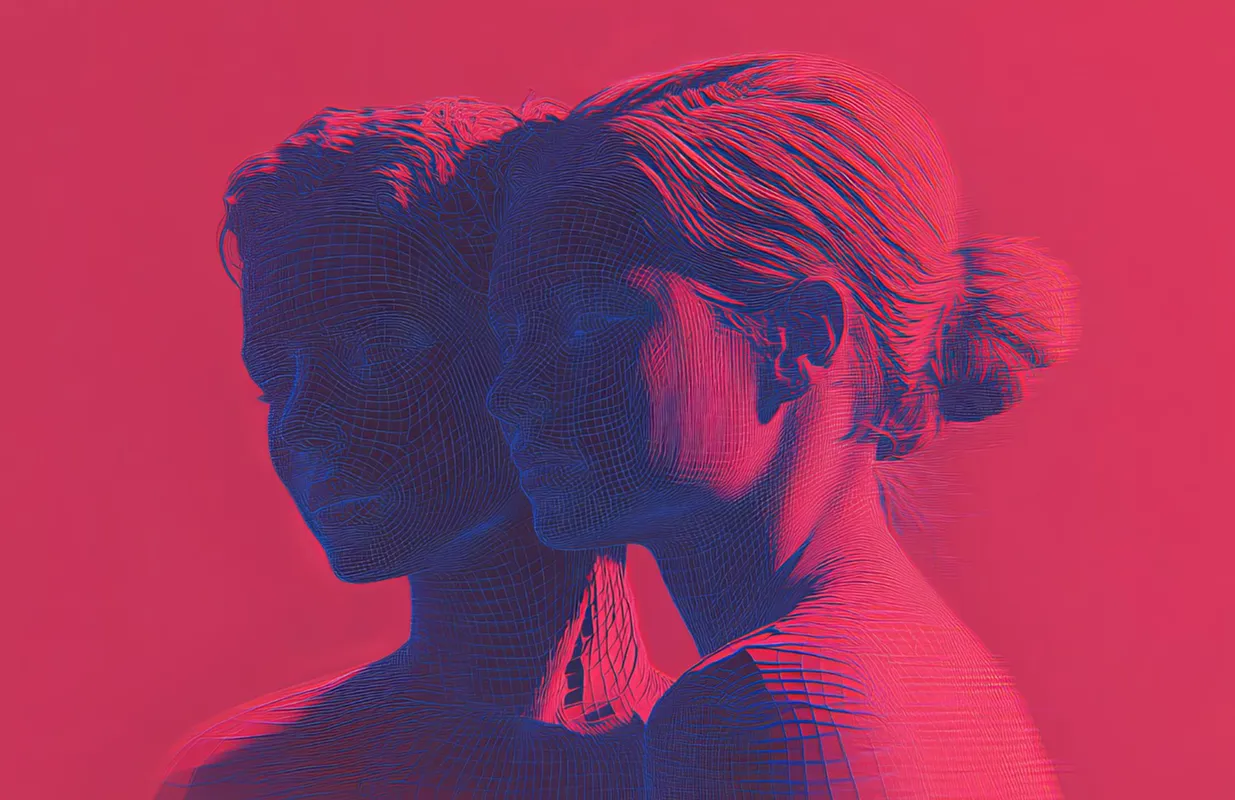 Digital art of two overlapping female faces with blue wireframe details against a red background.