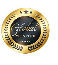 Gold and black circular seal with laurel wreath and stars, labeled Global Winner.