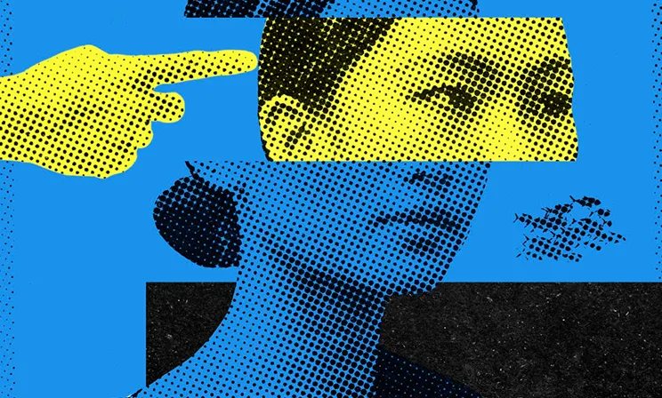 Pop art style image with a blue and black halftone portrait of a woman, overlaid with a yellow hand pointing at her head and a yellow rectangle showing her eyes.