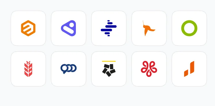 Row of ten colorful company or app logos in two lines on white rounded square backgrounds.