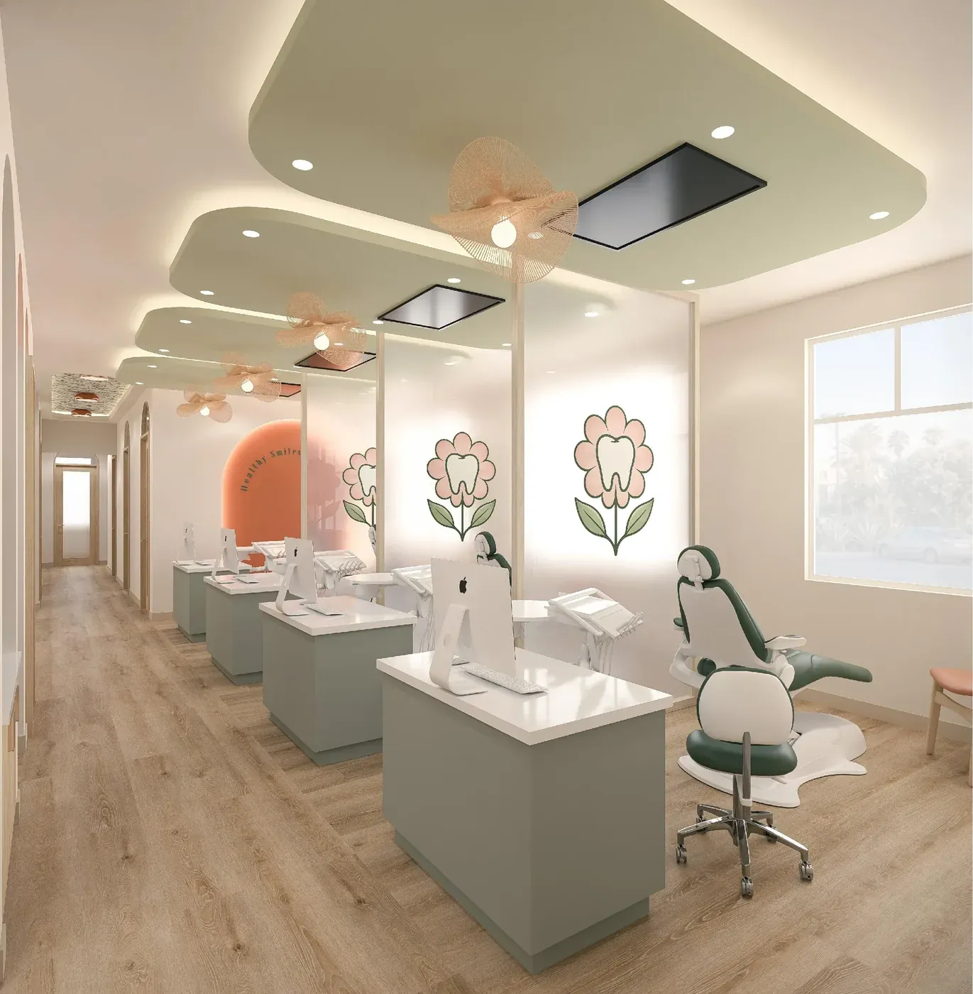 Row of dental stations under soft green ceiling panels