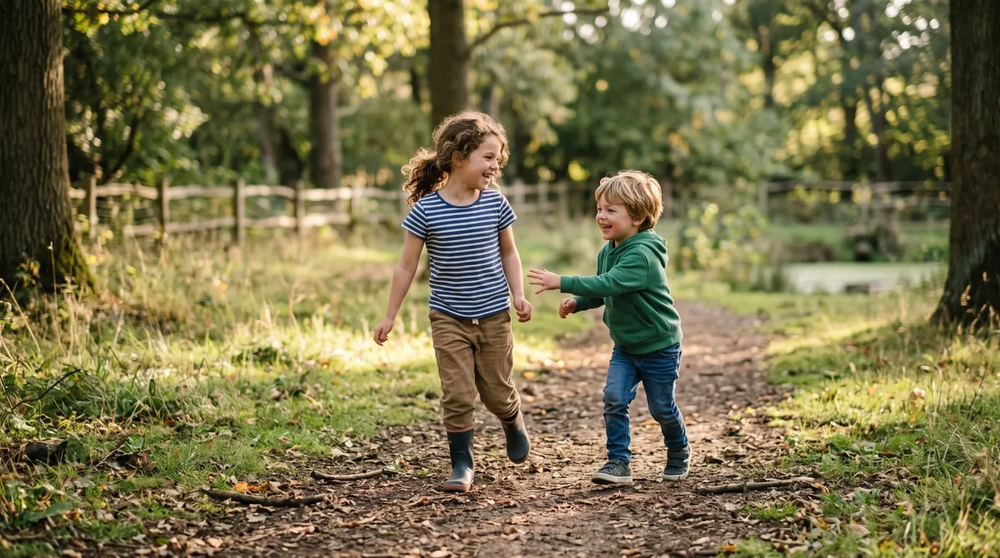 Two children laughing and running along a sunny woodland path