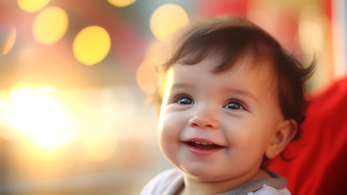 Smiling baby with dark hair looking up, with warm golden light behind