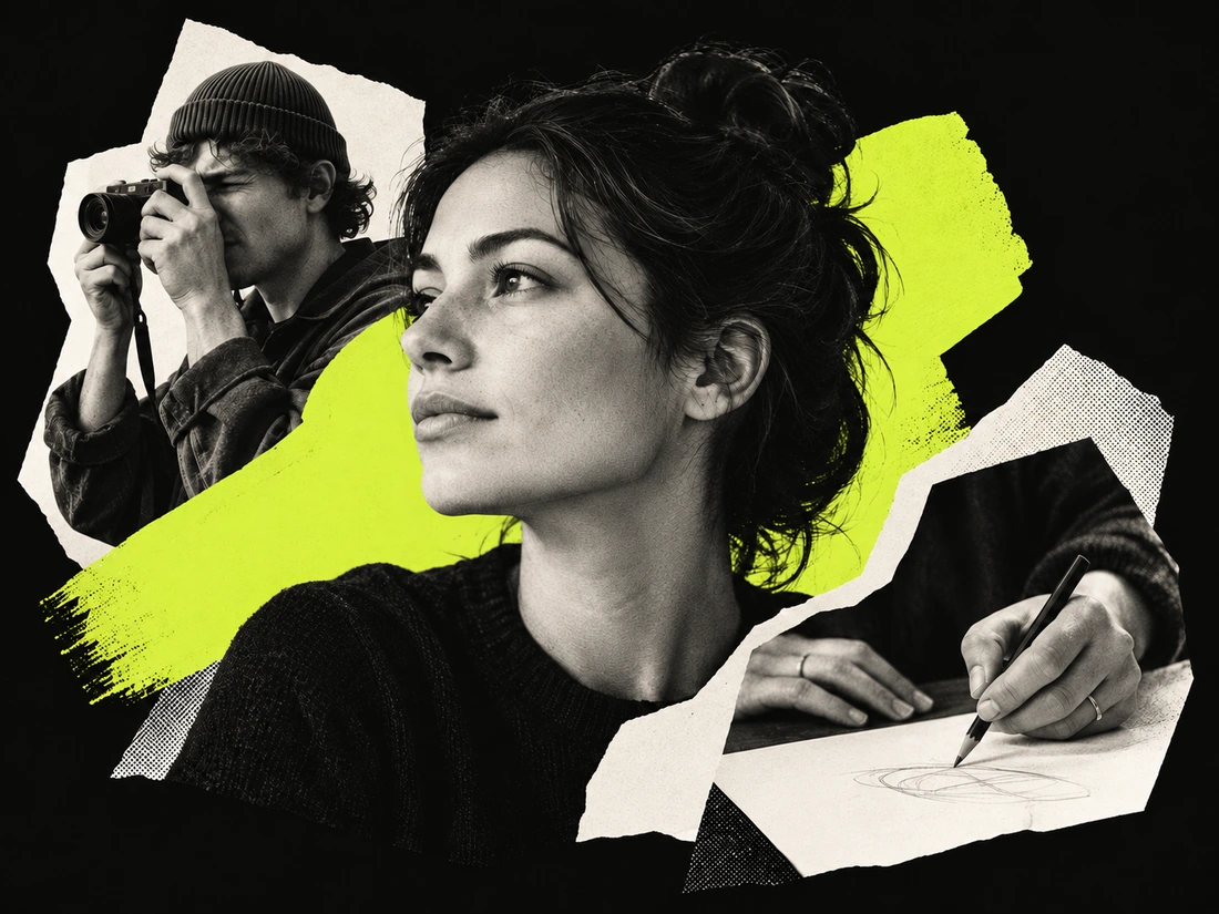 Collage van freelancers: een portret, een fotograaf en handen die schetsen.