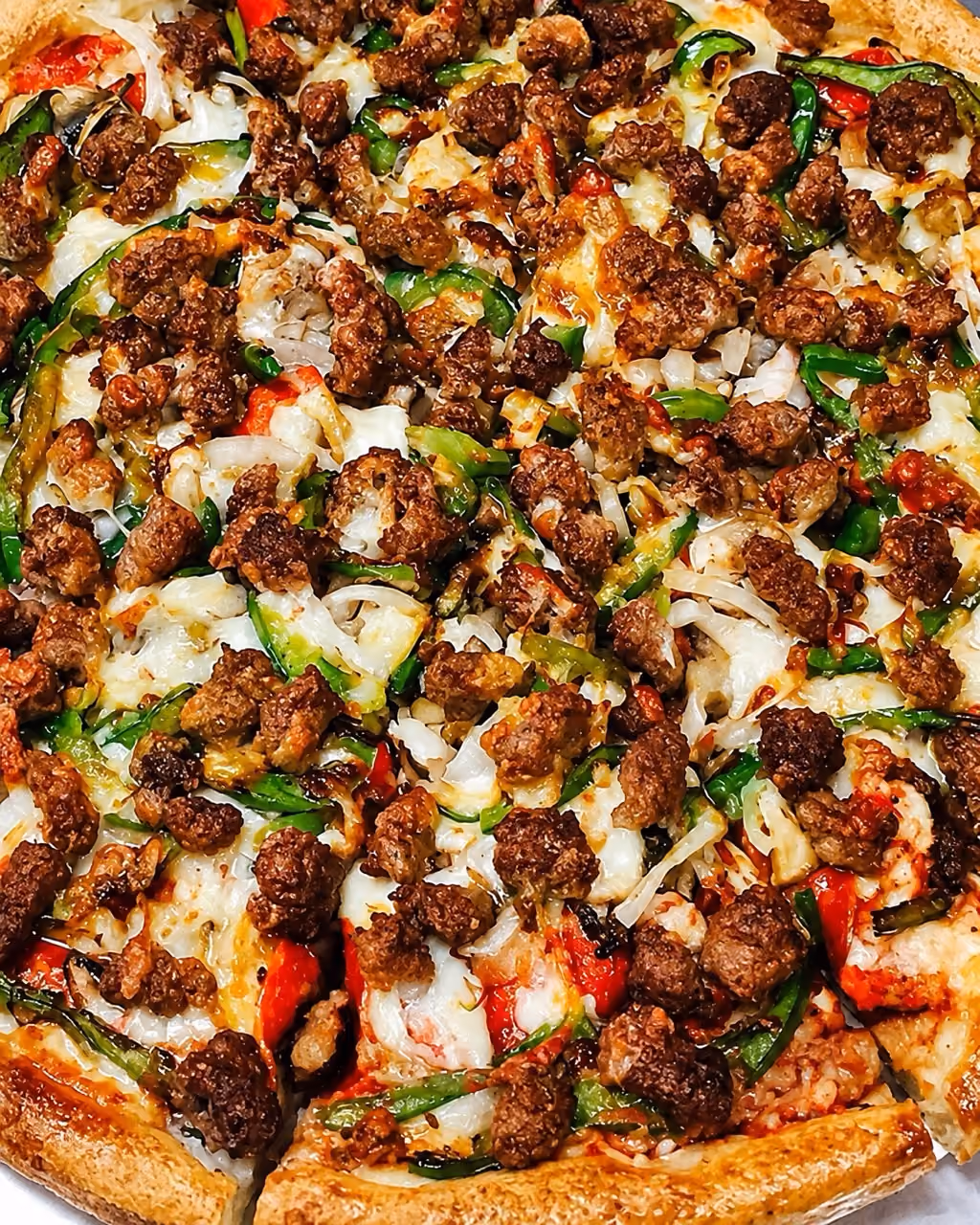 Close-up of a pizza topped with browned ground sausage, green bell pepper slices, onions, melted cheese, and red tomato .