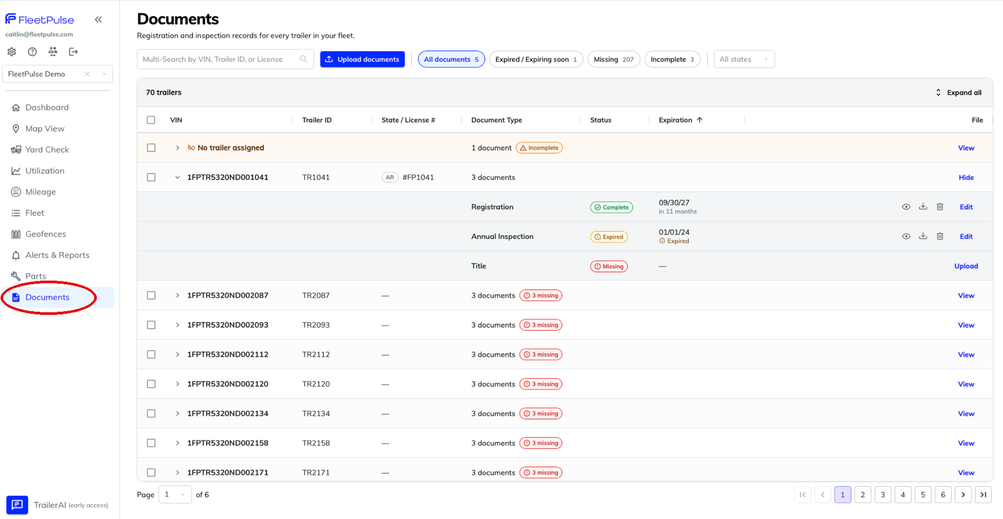 The FleetPulse Documents library, with the new Documents tab circled in the left-hand menu