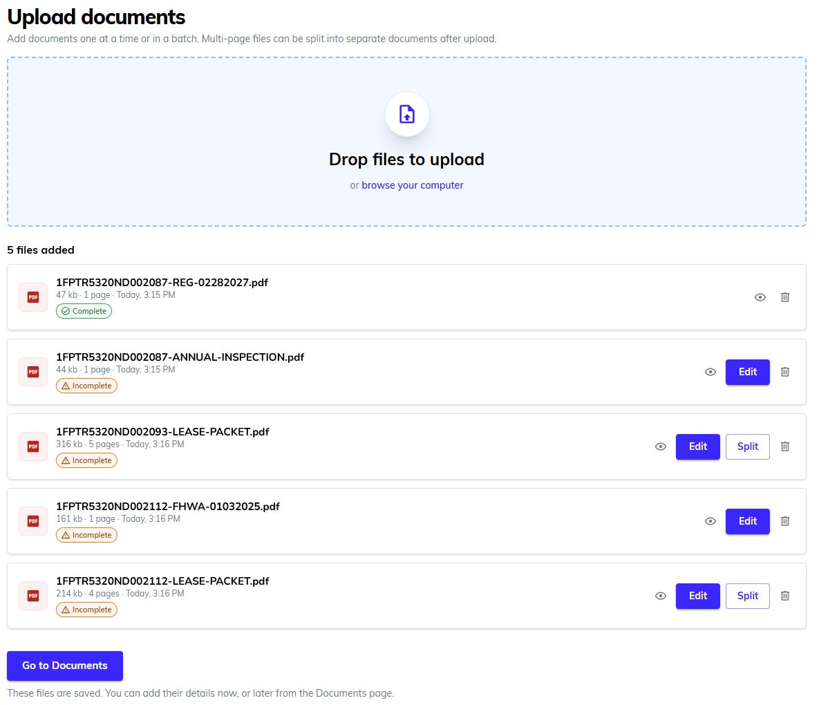 Upload screen with five documents added, each showing its status and Edit or Split options