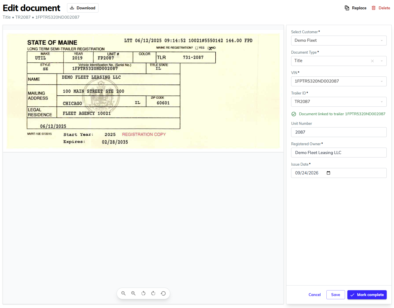 Edit document screen showing a scanned title next to the form where its details are entered