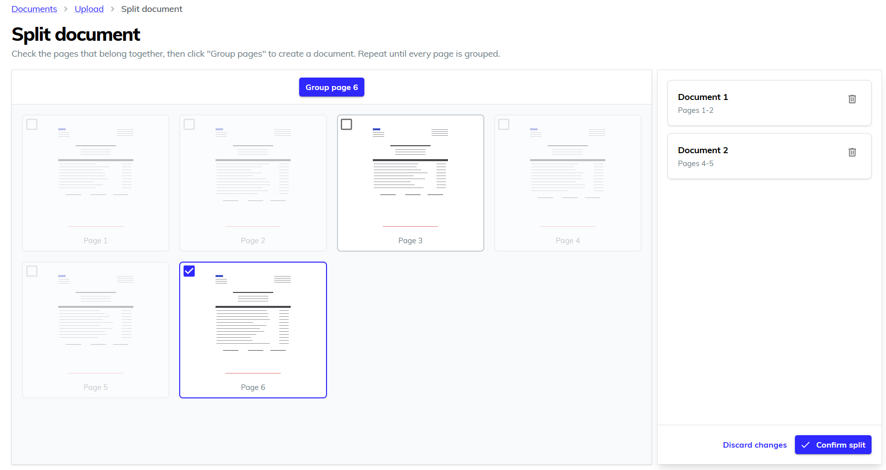 Split document screen, where pages of one scanned file are grouped into separate documents