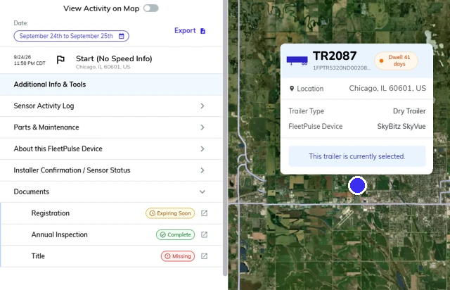 Map View trailer details with a Documents section showing Expiring Soon, Complete and Missing statuses
