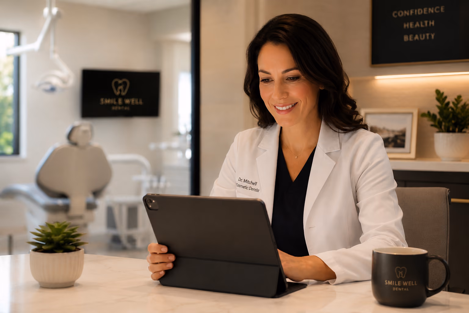 Smiling female dentist in a white coat labeled 'Dr. Mitchell Cosmetic Dentist' sitting at a desk with a tablet, with a plant and a black mug labeled 'Smile Well Dental' nearby; dental office background with a sign and dental chair.