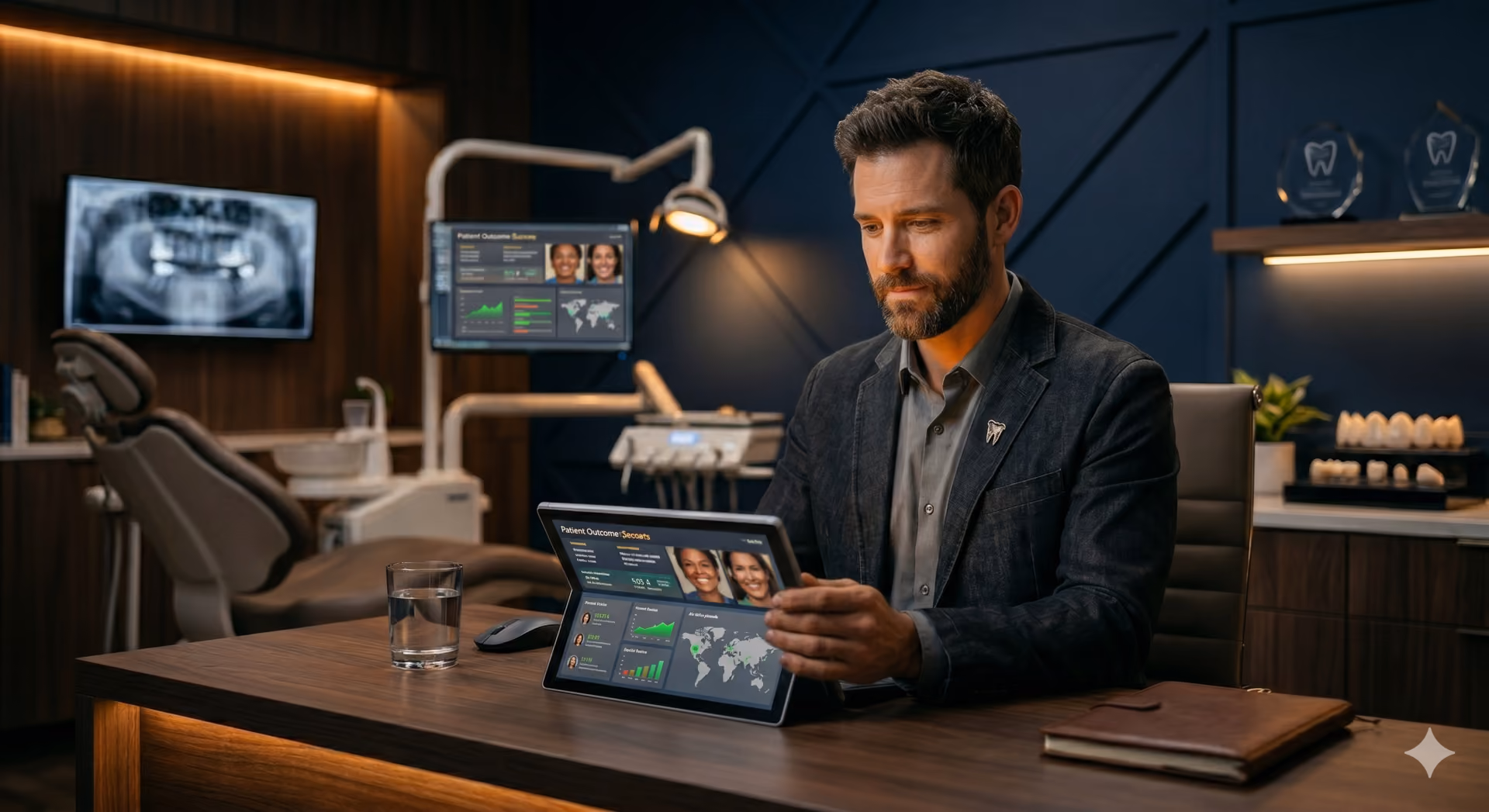 Bearded man in a dark blazer with a tooth-shaped pin sits at a desk in a dental office, looking at a tablet displaying patient outcome data including photos, graphs, and a world map, with a glass of water and a closed leather notebook on the desk.