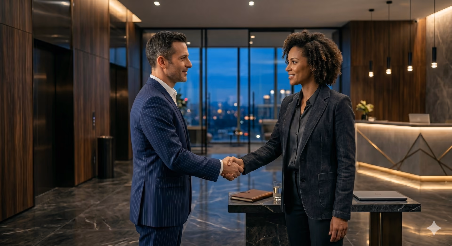 Two professionally dressed people shaking hands in a modern office lobby with marble floors, wooden paneling, and cityscape visible through glass doors.